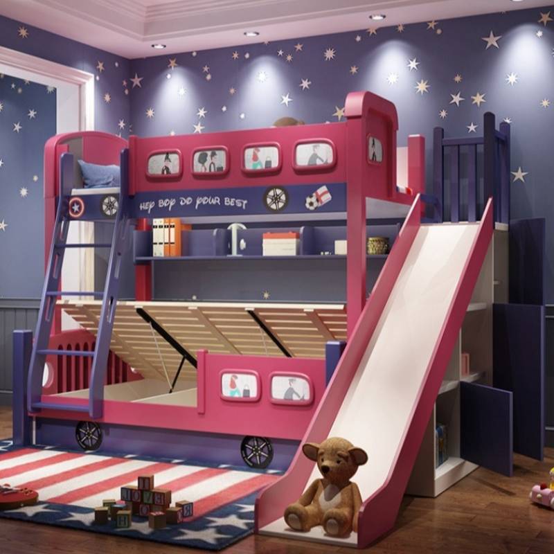 Bunk Bed With Stairs And Slide - Lit superposé en bois pour enfants,